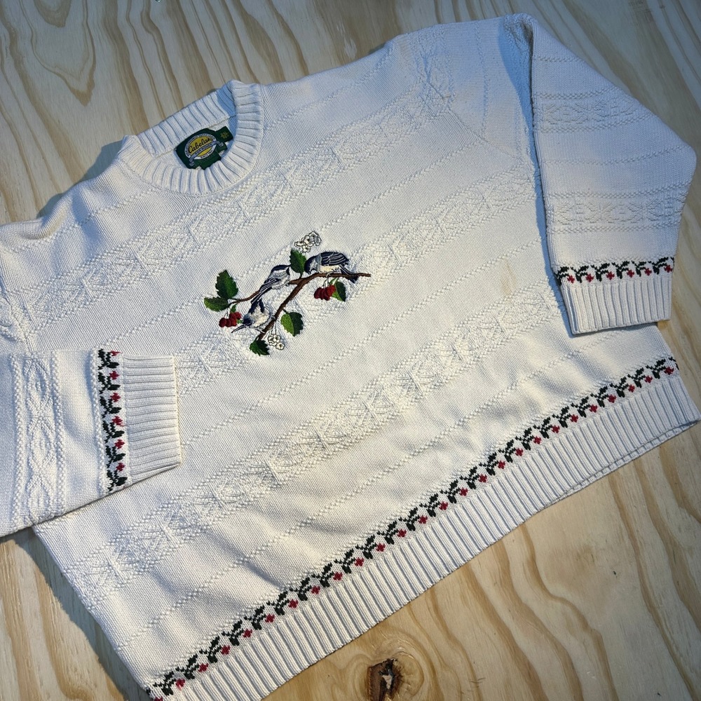 Cabelas Women's Bird Embroidered Cable Knit White Vintage Sweater Size 2XL